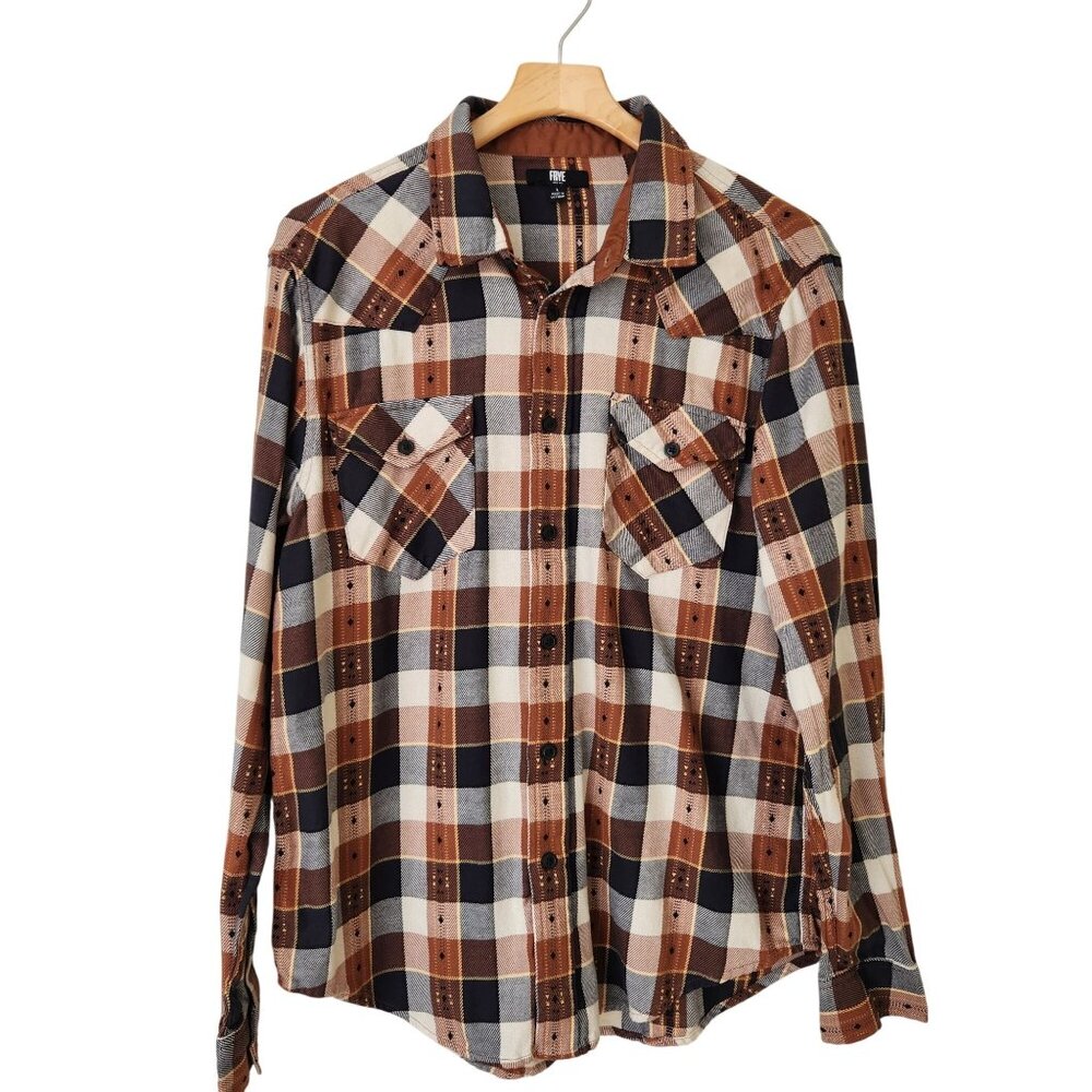 Frye Button Down Flannel Shirt Jacquard Brown Plaid Business Casual Western - Picture 2 of 11